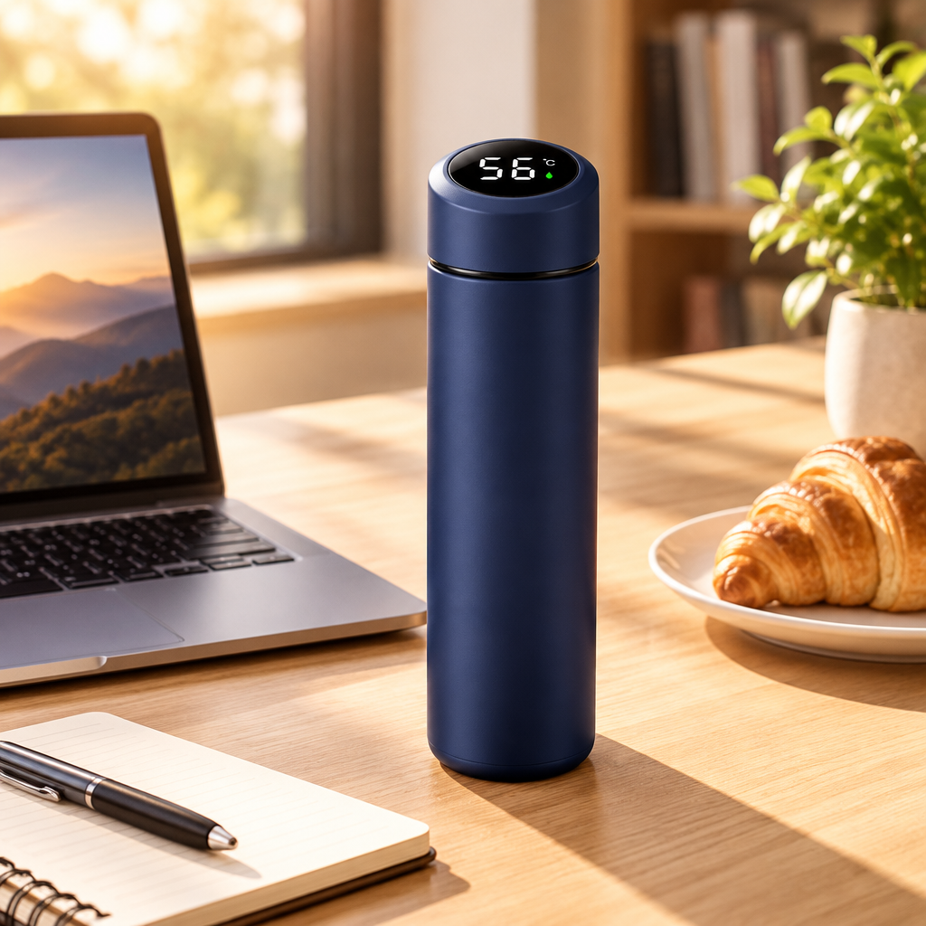 Thermos Tepora blu sulla scrivania in ufficio