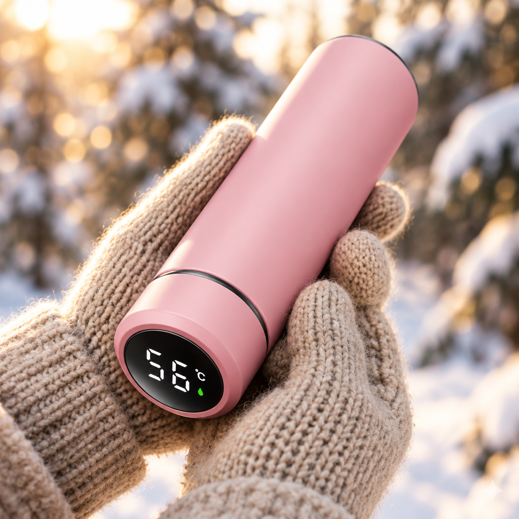 Thermos Tepora rosa tenuto con i guanti sulla neve